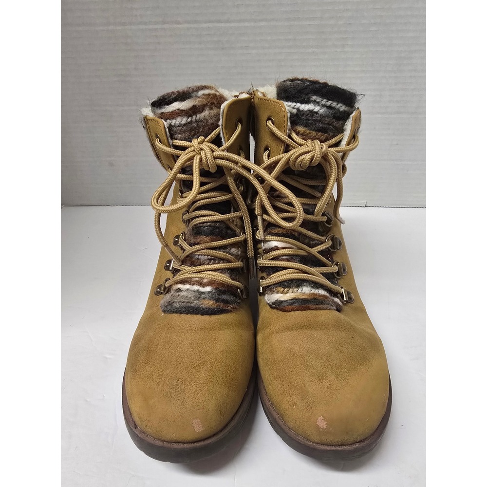 Khombu Luna Tan Faux Suede Knit Collar Lace Up Ankle Boots Women 8.5 M
